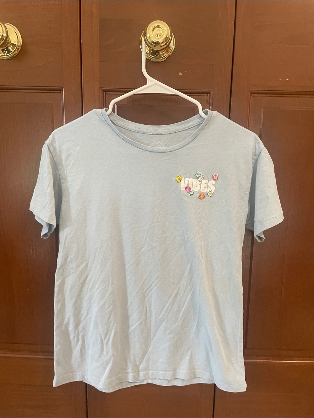 wonder nation Light Blue "Vibes" Graphic Tee with Floral Accents